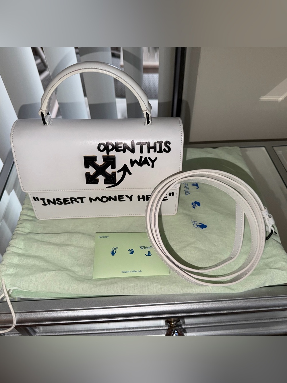 Off-White Jitney 1.4 Cash Inside White Leather Top Handle Crossbody Bag